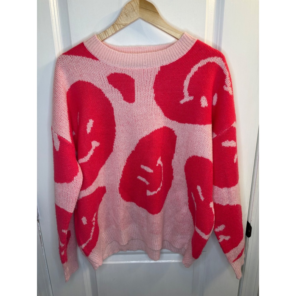 Altar'd State Pink Red Smiley Face Crewneck Sweater Small BRW02809-ATS - Picture 1 of 10
